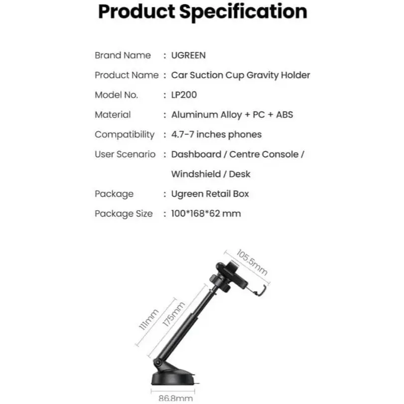UGREEN Gravity Phone Holder with Suction Cup - Black - Image 8