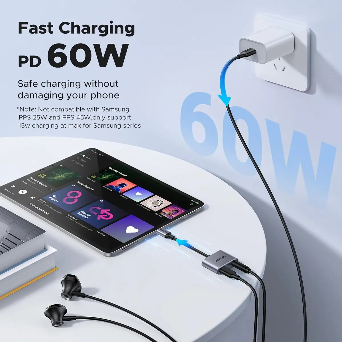 UGREEN USB-C to 3.5mm Headphone and Charger Adapter 2-in-1 with PD 60W - Image 2